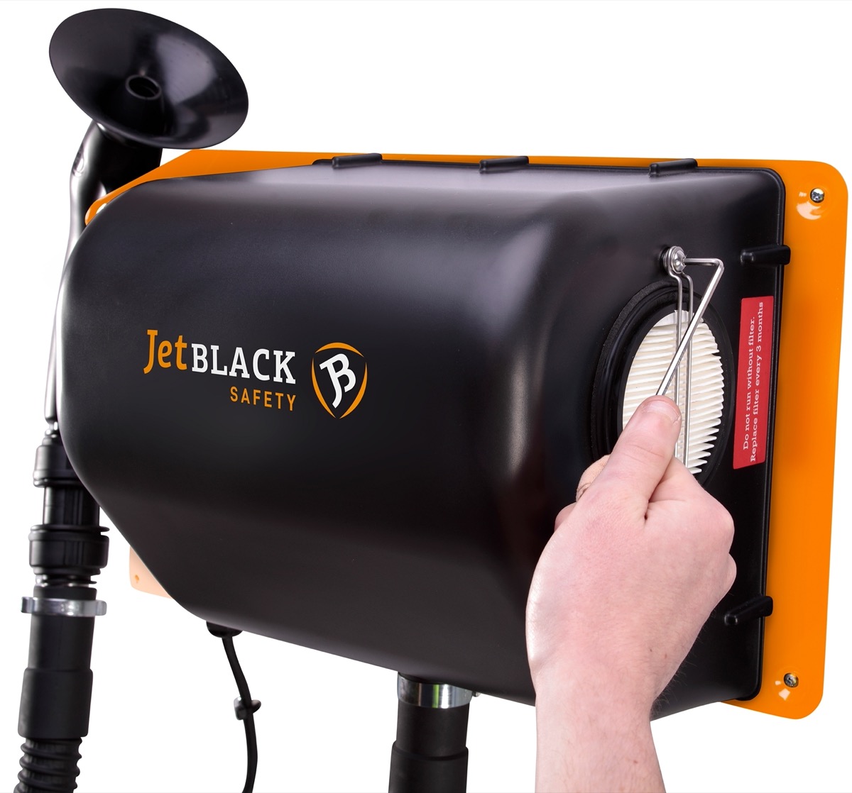 Wall mounted JetBlack Safety Personnel Cleaning Station with person's hand changing the filter